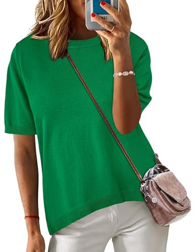 Zeagoo Womens Summer Short Sleeve Tops Crew Neck Lightweight Pullover Sweaters Loose Dressy Casual Blouse Basic Clothes Green | Amazon (US)