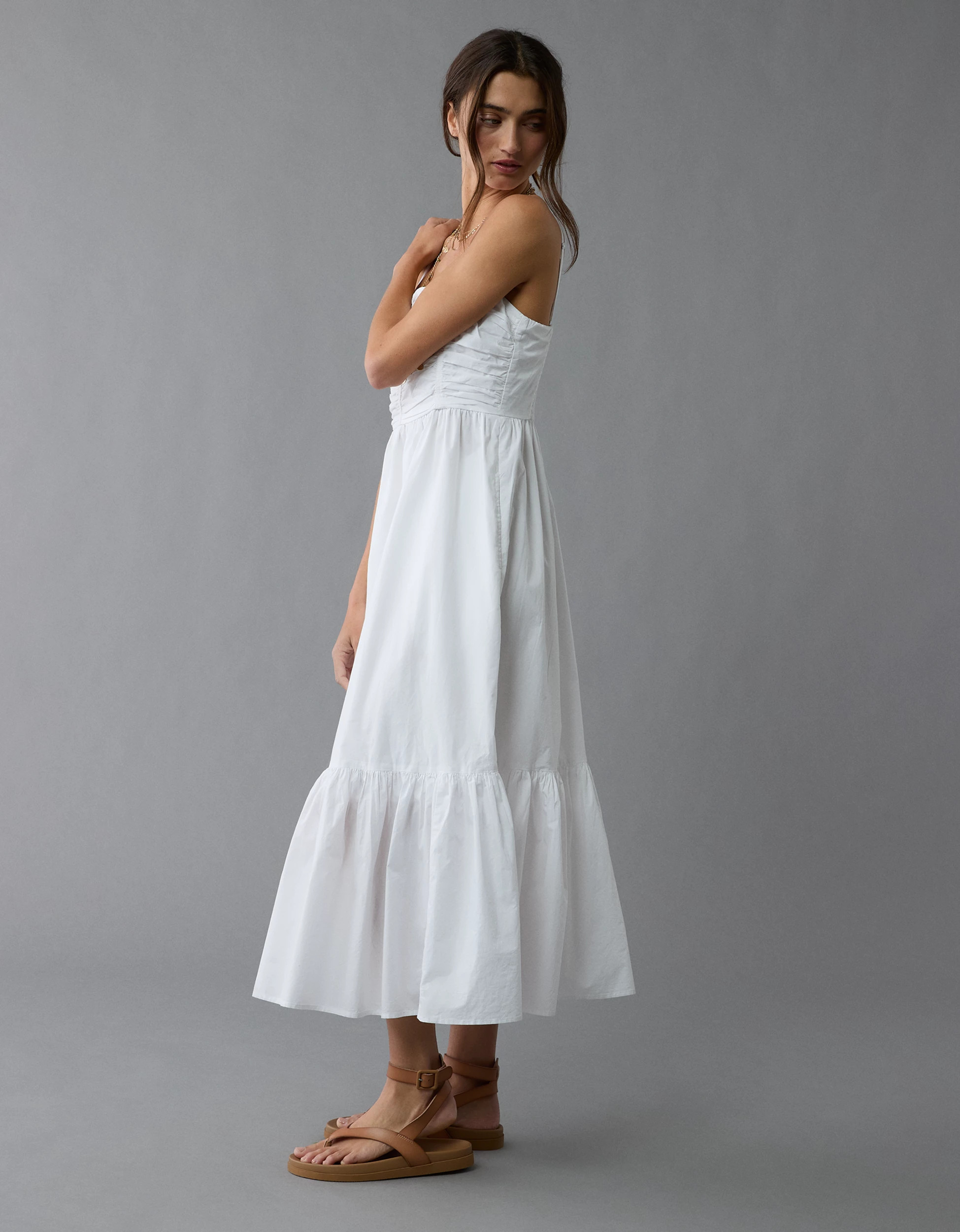 AE Ruched Bodice Strapless Midi Dress | American Eagle Outfitters (US & CA)