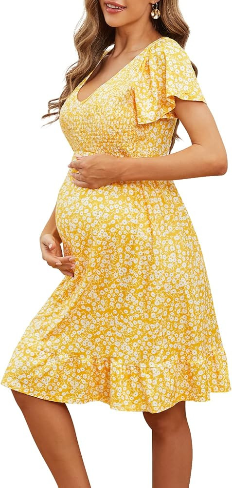 Adorel Maternity Dress Midi Ruffle V-Neck Flowy Smocked Empire Waist Casual Pregnant Outfit Baby ... | Amazon (US)