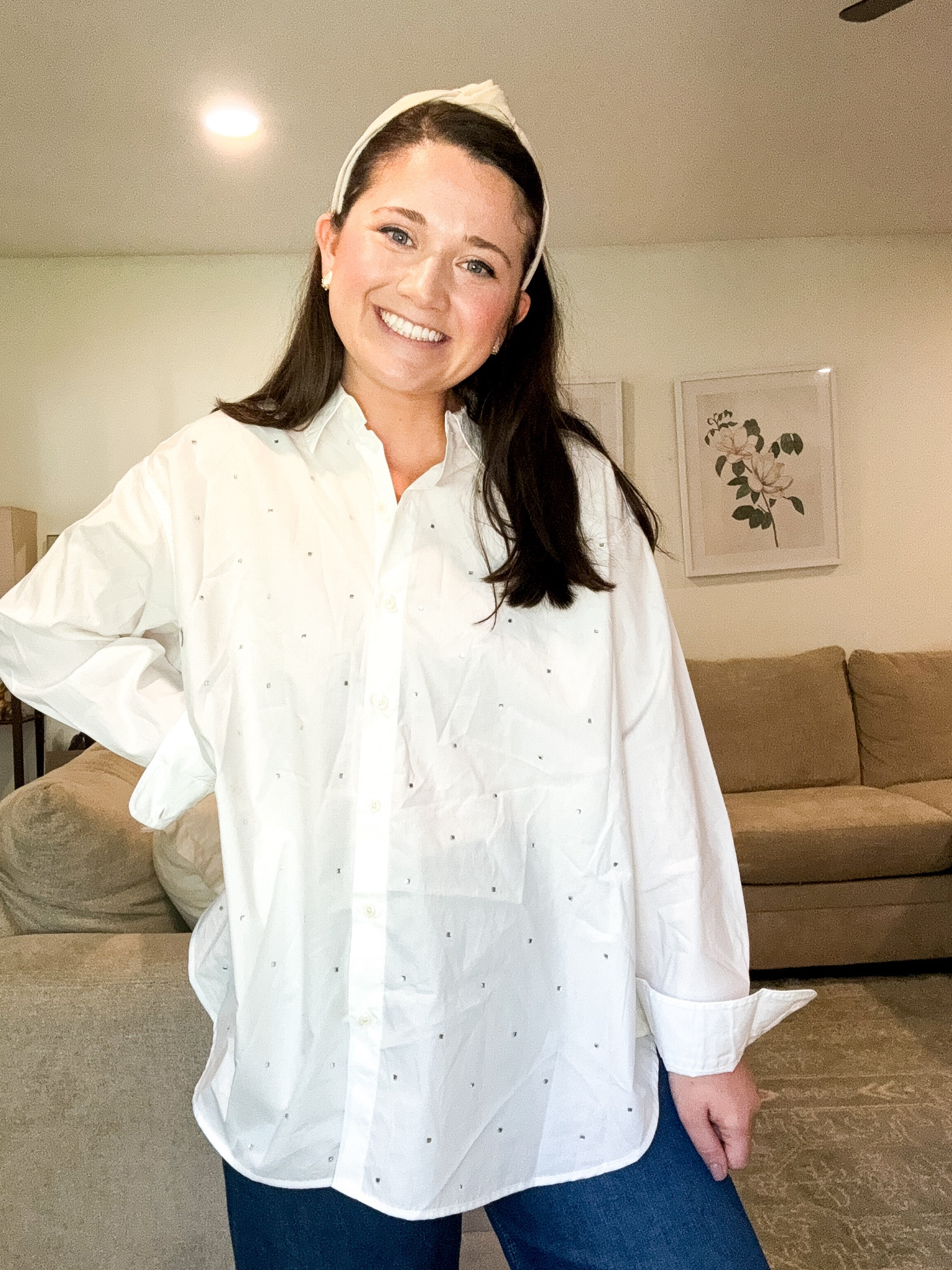 Oversized button down. Jeweled button down fall outfit 