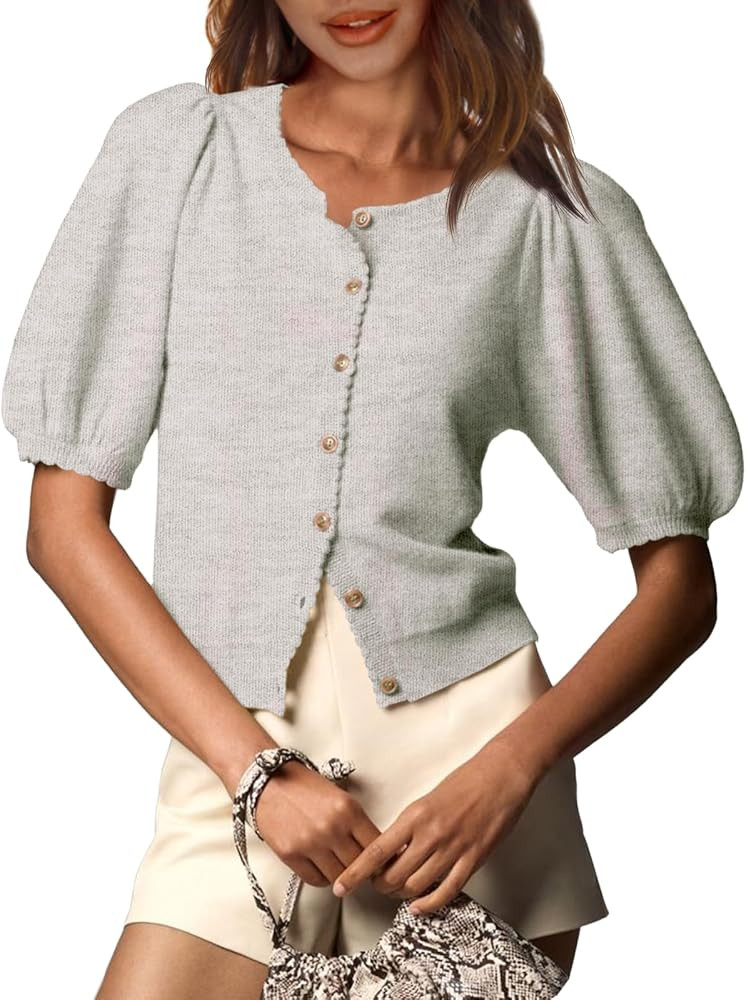 Saodimallsu Womens Puff Short Sleeve Cardigan Lightweight Summer Button Down Shirts Knit Crew Nec... | Amazon (US)