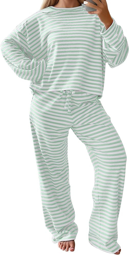 MISSACTIVER Women's Striped 2 Piece Lounge Set Casual Long Sleeve T-Shirt Drawstring Wide Leg Pan... | Amazon (US)