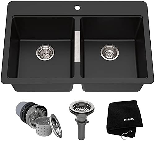 Kraus Quarza Kitchen Sink, 33-Inch Equal Bowls, Black Onyx Granite, KGD-433B model | Amazon (US)
