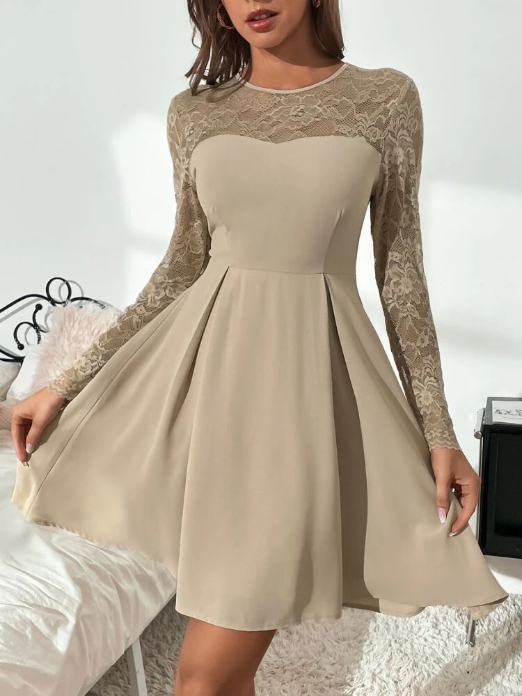 Contrast Lace Fold Pleated Dress | SHEIN