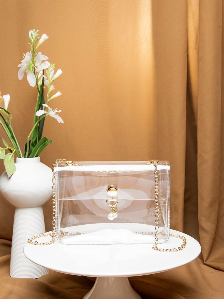 Faux Pearl Decor Transparent Flap Chain Square Bag | SHEIN