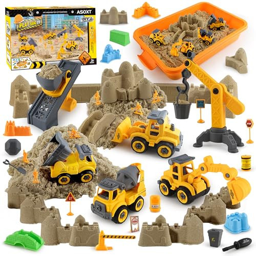 Asoxt Construction Sensory Playset - 43pcs Play Sand Art Kit- 2 lbs Sand,Sandbox,4 DIY Construction Trucks,Crane,Conveyor,8 Sand Molds,6 Figures,12 Road Signs - Ideal Toy for Boys & Girls Ages 3+ | Amazon (US)