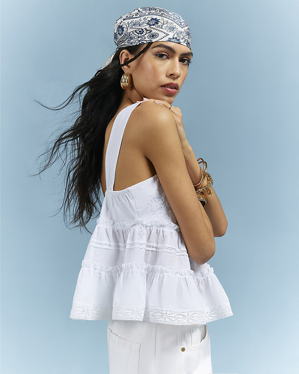 White Lace Pearl Detail Smock Cami Top | River Island UK & IE