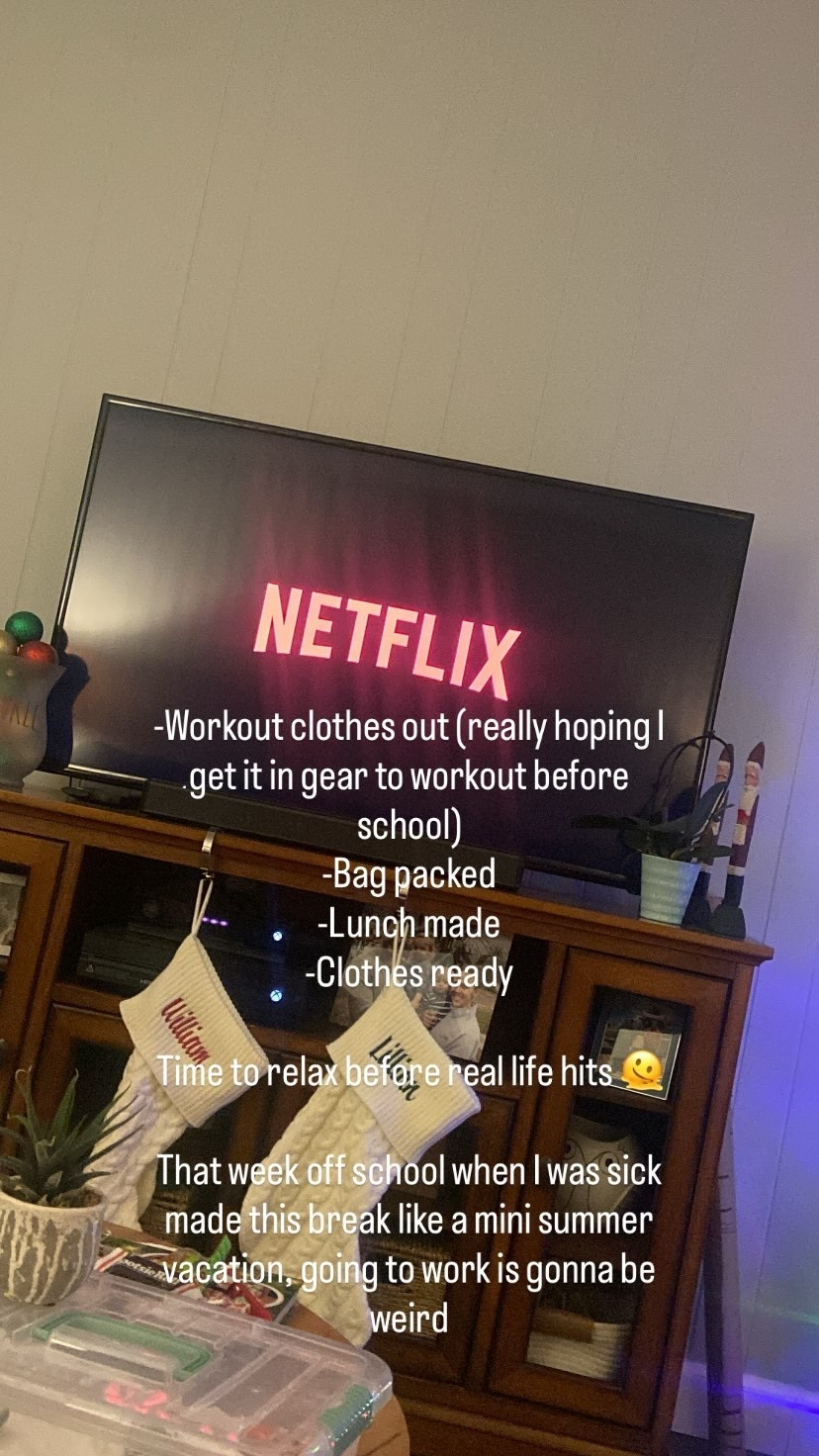 -Workout clothes out (really hoping I get it in gear to workout before school) 
-Bag packed 
-Lunch made
-Clothes ready 

Time to relax before real life hits 🫠

That week off school when I was sick made this break like a mini summer vacation, going to work is gonna be weird