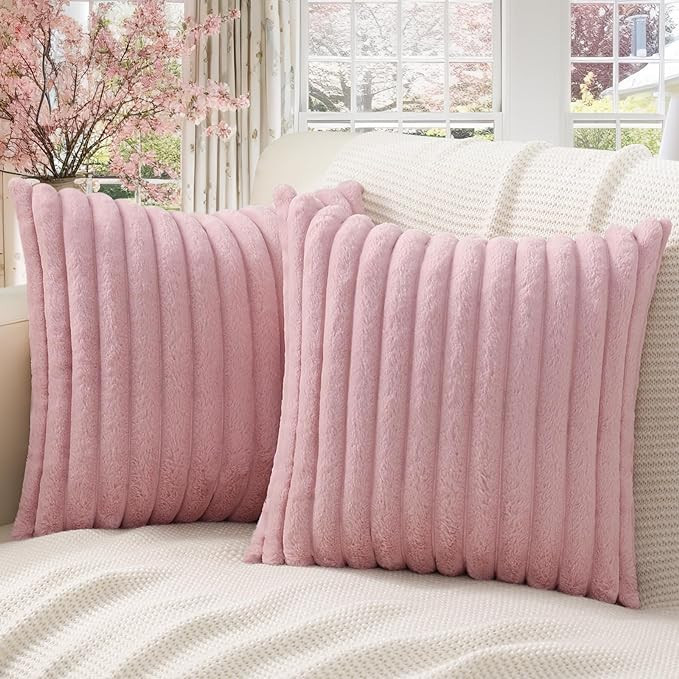 Pallene Faux Fur Plush Throw Pillow Covers 18x18 Set of 2 - Soft Fluffy Striped Christmas Decorat... | Amazon (US)