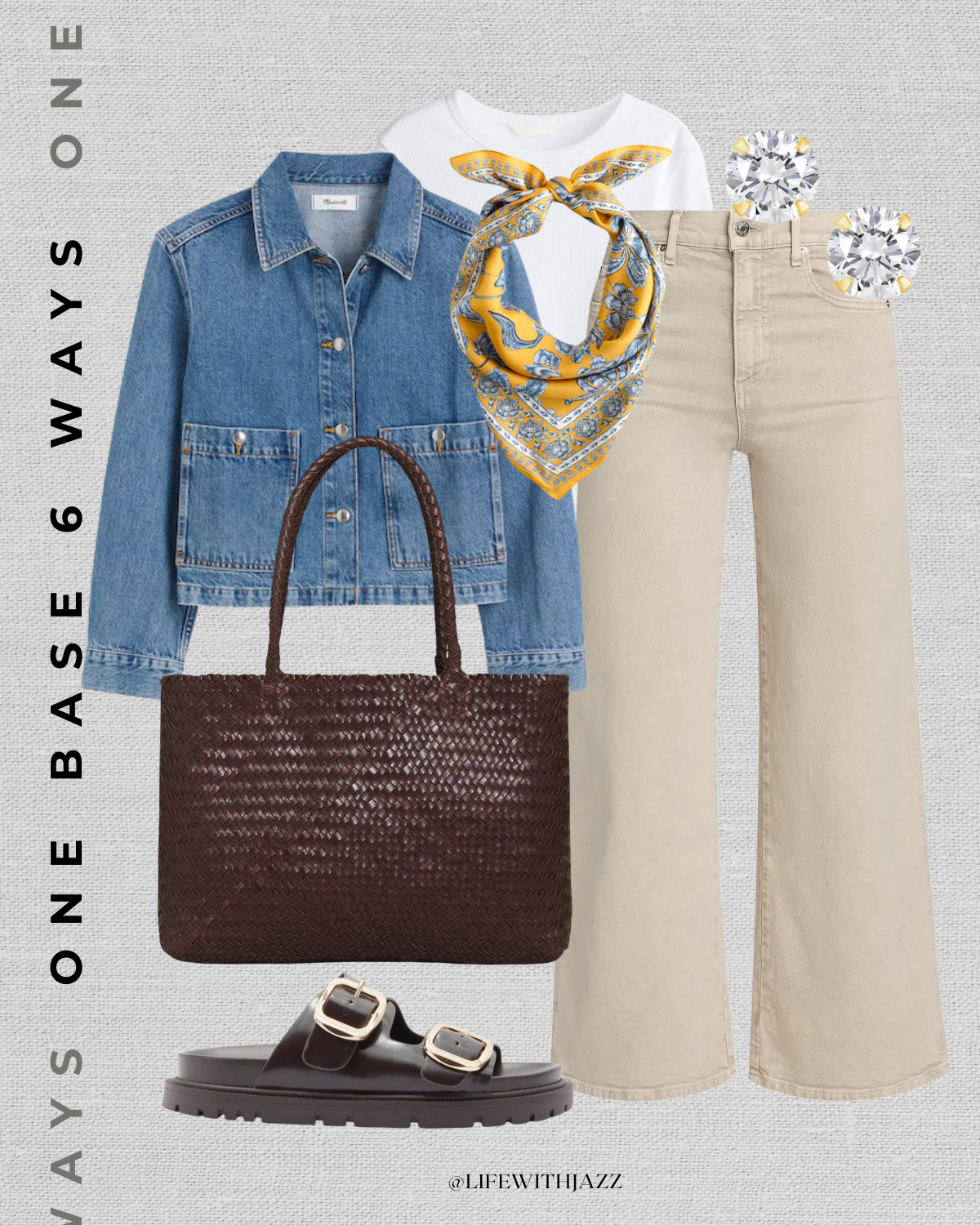 1 base 6 ways outfit with beige jeans 

spring style / summer style / casual style / beige wide leg jeans / ribbed tee / cropped denim jacket / scarf / chunky sandals / chocolate brown woven tote bag madewell 

 

#LTKootd