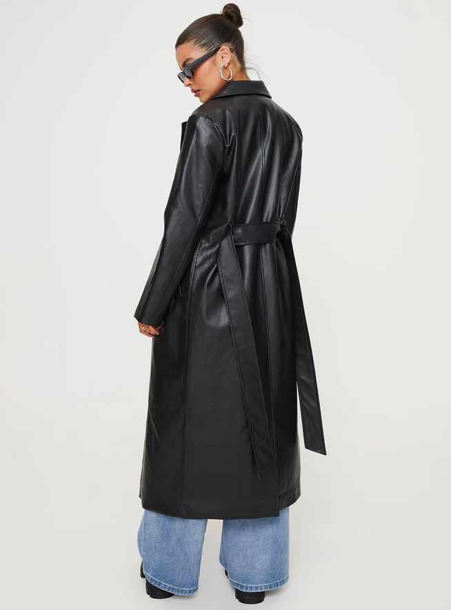 Only For Tonight Faux Leather Trench Coat Black | Princess Polly US