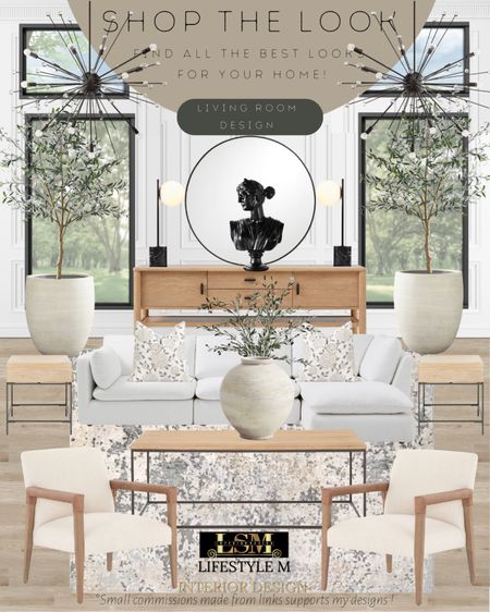Modern farmhouse living room idea. Recreate the look with these home furniture and decor finds! Wood upholstered accent chair, wood metal frame coffee table, wood metal frame end table, living room rug, ceramic vase, realistic fake plant, white sectional sofa, throw pillows, ceramic tree planter pot, realistic fake tree, living room chandelier, table lamp, decor, wood console table.

#LTKFind #LTKstyletip #LTKhome