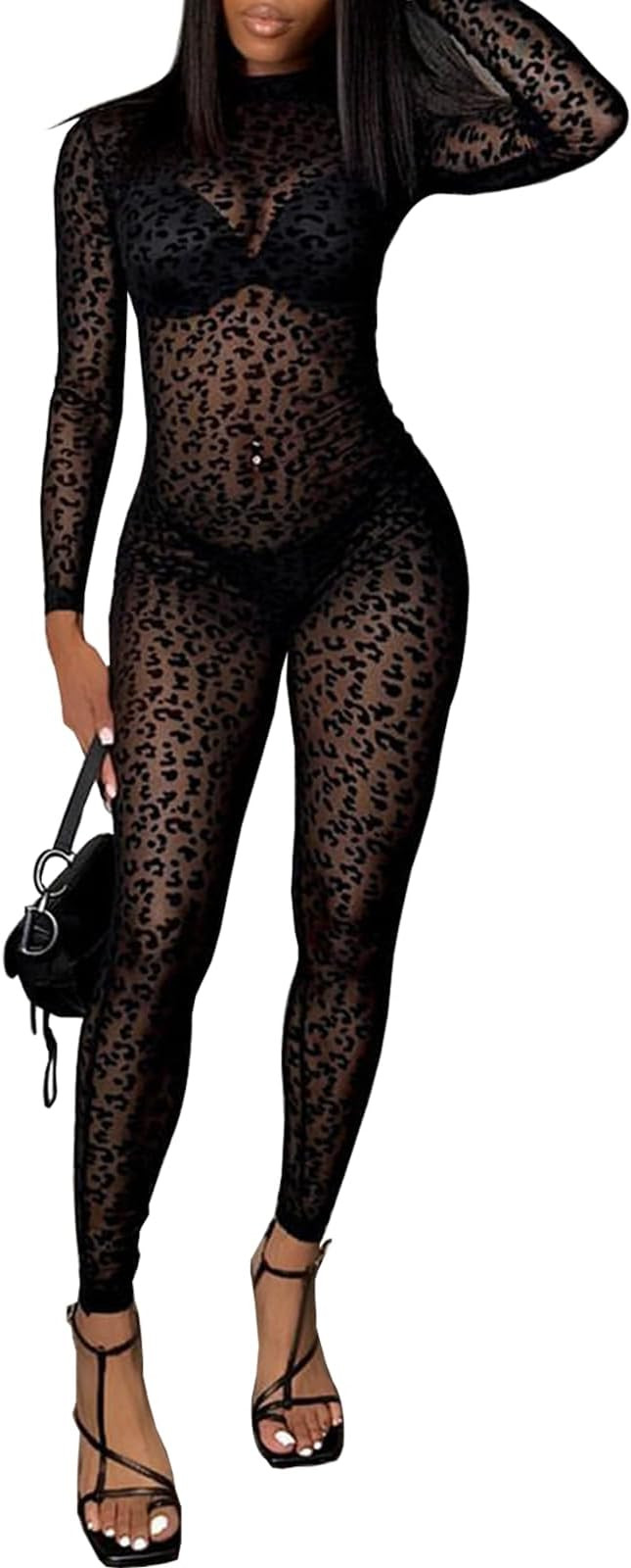 hibshaby Sexy Mesh Black Leopard Jumpsuits for Women Bodycon Outfits Streetwear Rompers | Amazon (US)