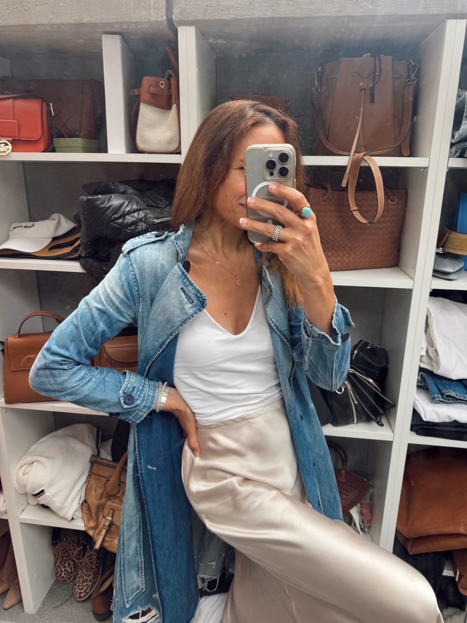 White tank denim trenchcoat satin skirt