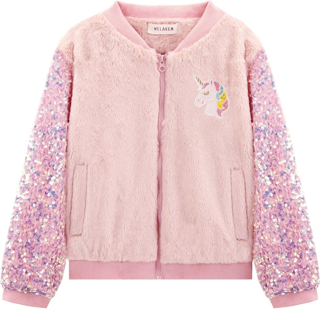 WELAKEN Girl’s Unicorn Fleece Full-zip Sequin Sleeves Jacket with Pocket for Toddler & Kids | Amazon (US)