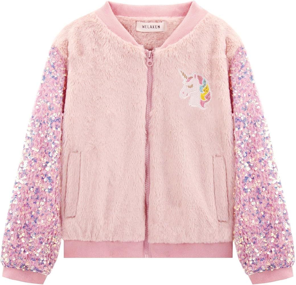 WELAKEN Girl’s Unicorn Fleece Full-zip Sequin Sleeves Jacket with Pocket for Toddler & Kids | Amazon (US)