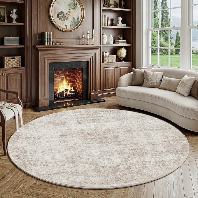 FMFUNCTEX 8ft Round Washable Beige Neutral Vintage Area Rug for Living Room | Non Slip Low Pile S... | Amazon (US)