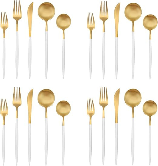 Matte Gold Silverware Set with white handle, Bysta 20-Piece Stainless Steel Flatware Set, Kitchen... | Amazon (US)