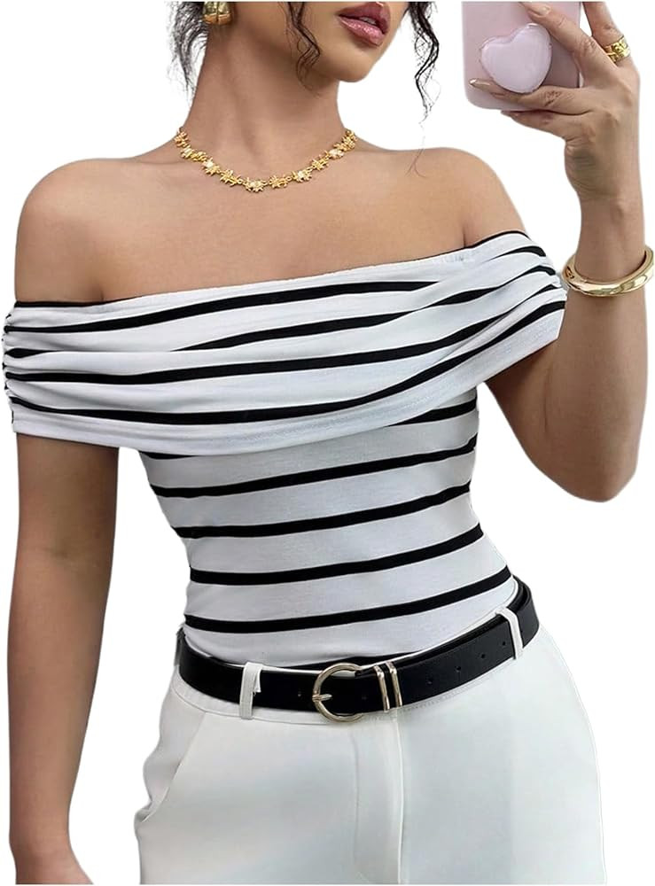 SOLY HUX Women's Off The Shoulder Striped T-Shirts Casual Short Sleeve Fitted Tee Tops | Amazon (US)