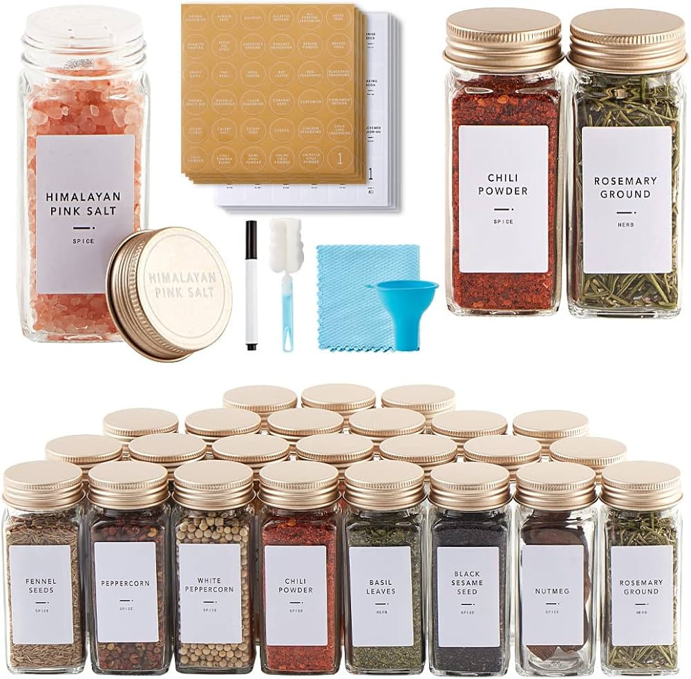 36 Pcs Spice Jars with Label- Glass Spice Jars with Gold Metal Caps,Shaker Lids, Funnel, Chalk Pe... | Amazon (US)