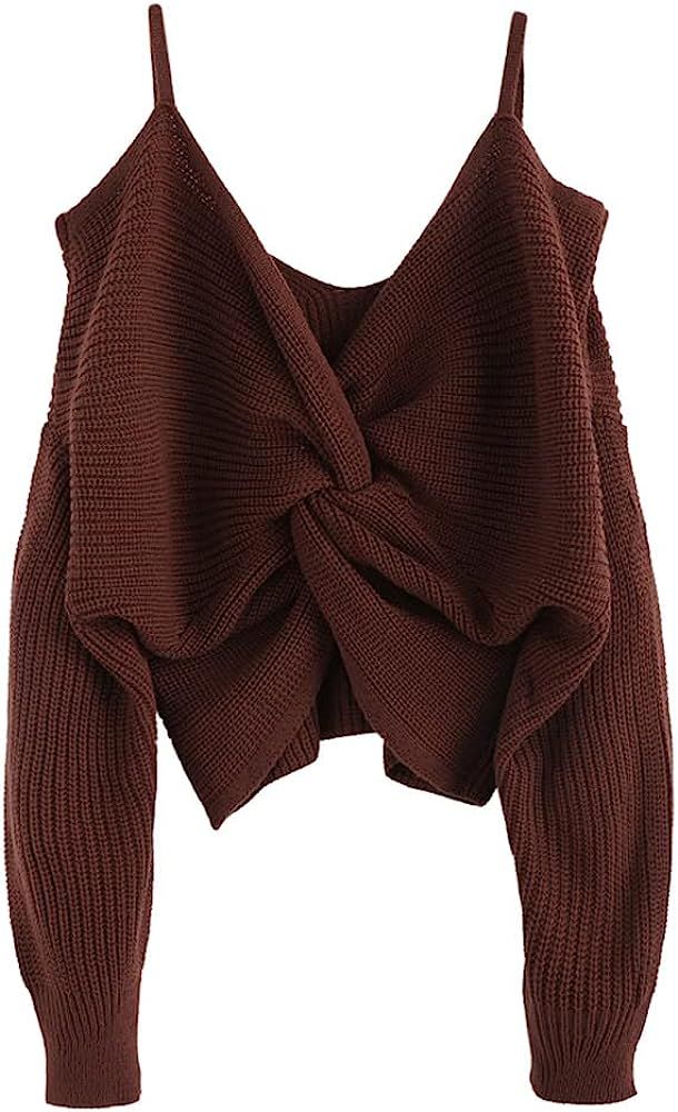 ZAFUL Women's V-Neck Criss Cross Twisted Back Pullover Knitted Sweater Jumper (White, L) at Amazo... | Amazon (US)