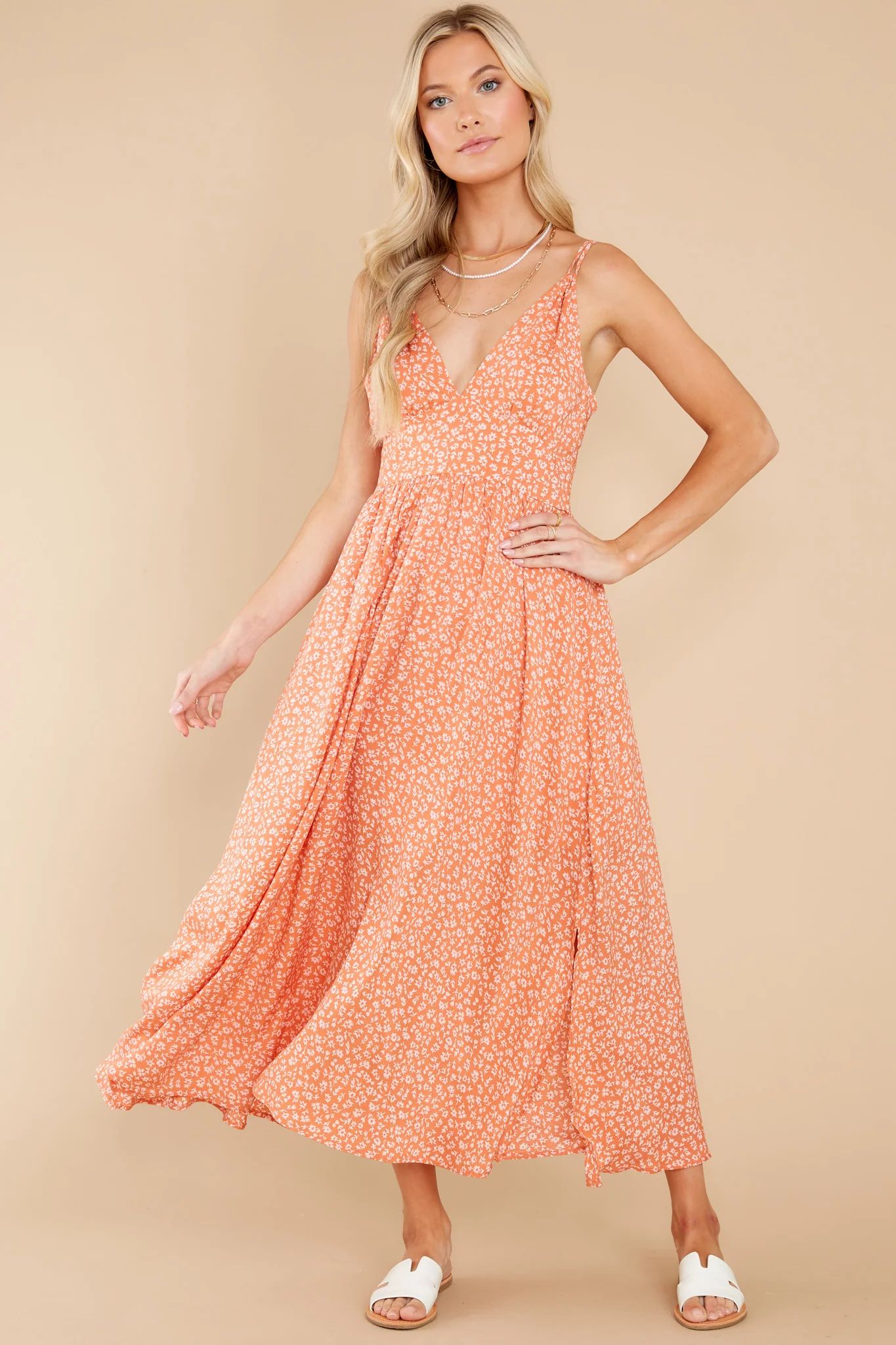 Graceful Strolls Apricot Orange Floral Print Maxi Dress | Red Dress 
