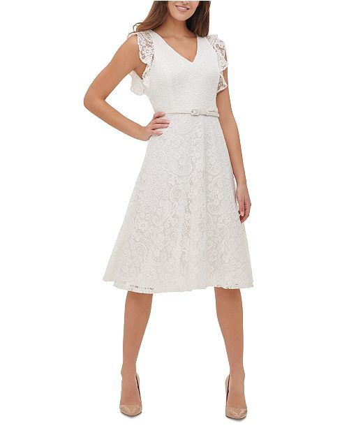 Belted Lace Fit & Flare Dress | Macys (US)