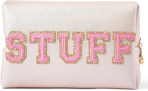 Y1tvei Preppy Patch Extra Large Stuff Varsity Letter Makeup Bag Sewn with Pink Chenille Letter PU... | Amazon (US)