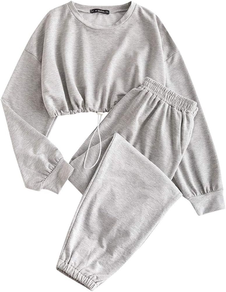 ZAFUL Women's Sweatsuit Long Sleeve Crop Sweatshirt and Sweatpants Jogger Set | Amazon (US)