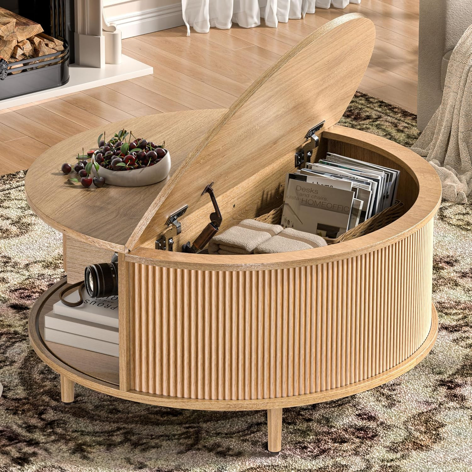 Round Coffee Table, 31.5" Fluted Center Table with Storage, Lift-Top Coffee Table with Adjustable Footpads, Sliding Door, Mid-Century Modern Center Table for Living Room, Small Space (Nature) | Amazon (US)