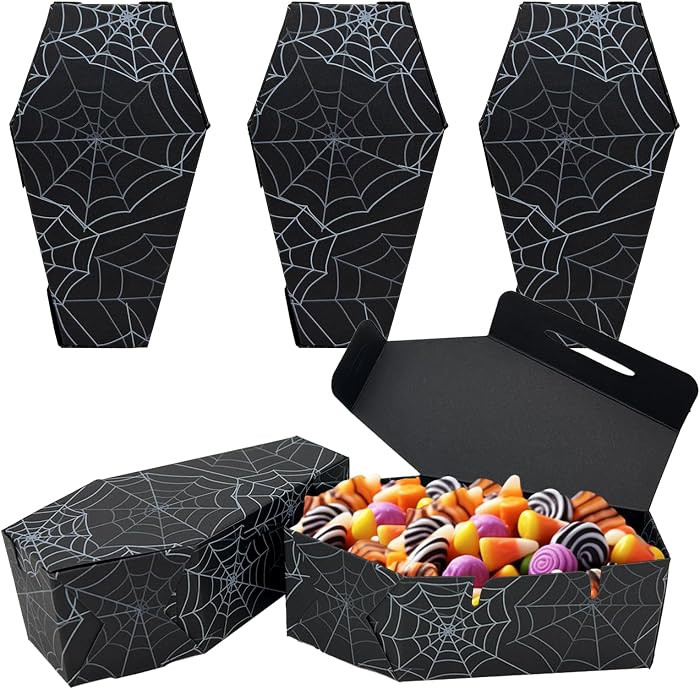 Black coffin-shaped boxes hold candy, popcorn and snacks for trick-or-treating and Halloween part... | Amazon (US)