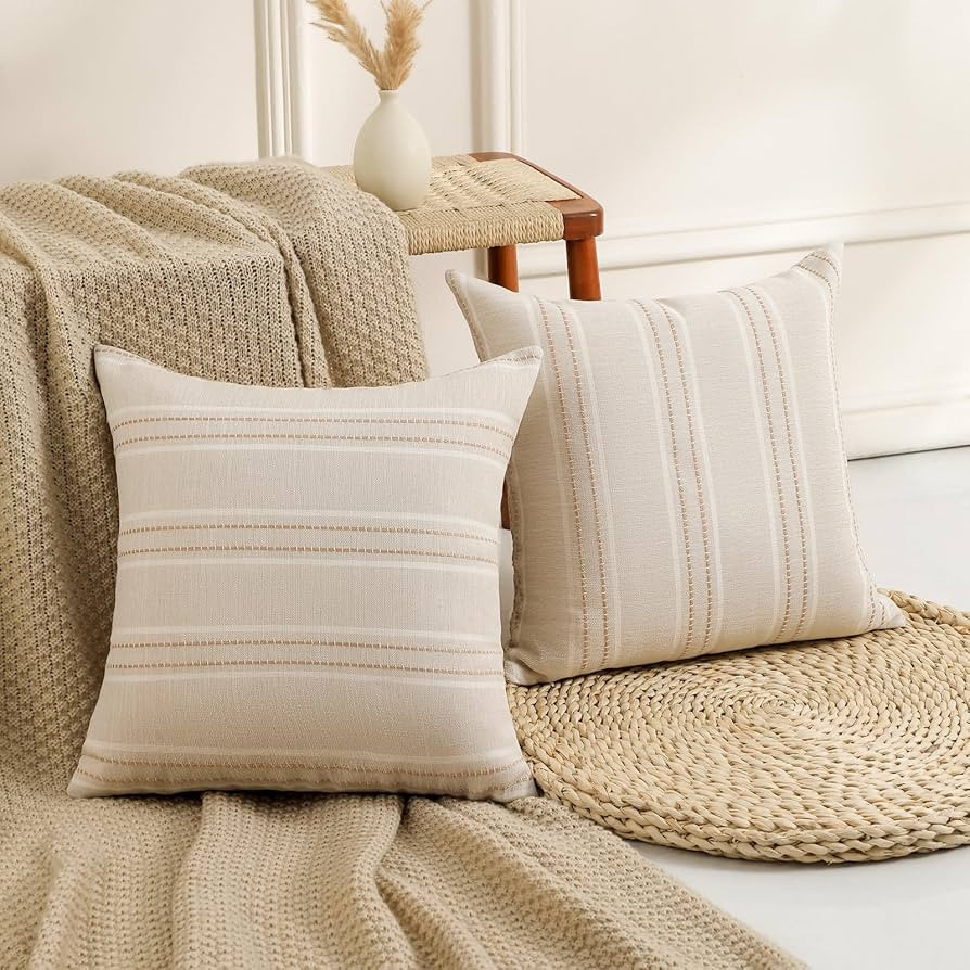 Hckot Hand Made Decorative Khaki Pillow Covers 18x18 Striped Throw Pillows Textured Linen Pillow ... | Amazon (US)