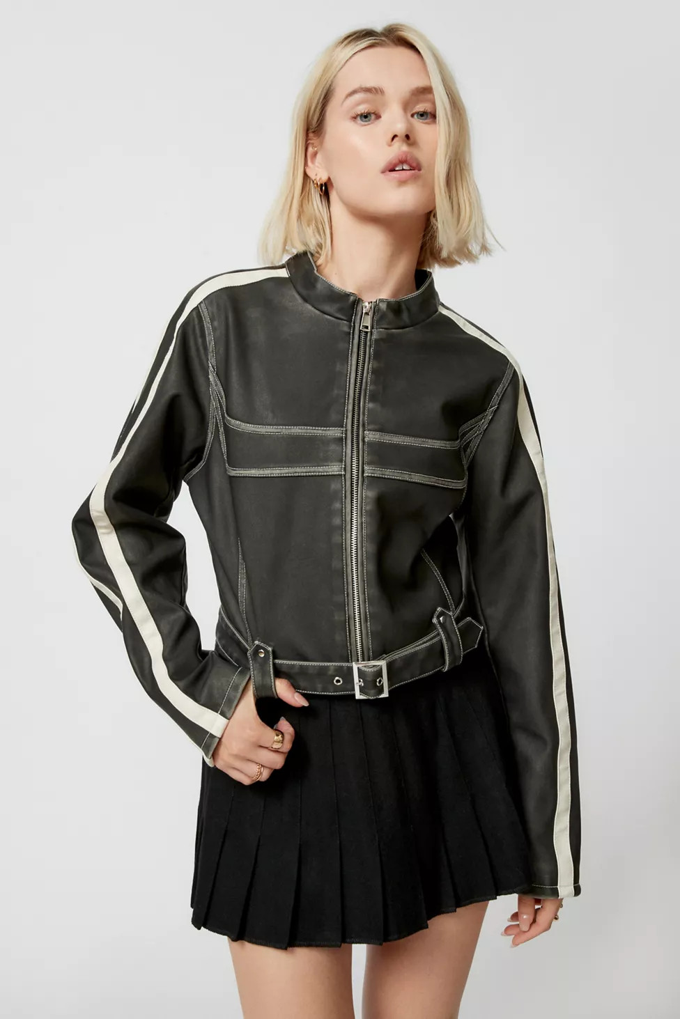 UO Jordan Faux Leather Fitted Racer Moto Jacket | Urban Outfitters (US and RoW)