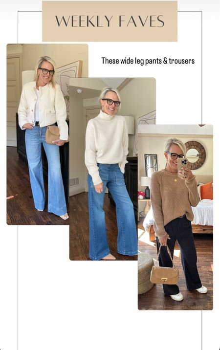 These light wash wide leg denim continues to be a huge favorite. As are the other wise leg and the trousers. 
I’m  5’6” and wearing the jeans with a kitten heel. 
Jcrew wide leg (left) I sized up to a 28 
Others are true to size. 
Abercrombie still has 20% off!!

Jcrew, Anthropologie. Abercrombie 

#LTKover40 #LTKsalealert #LTKGiftGuide