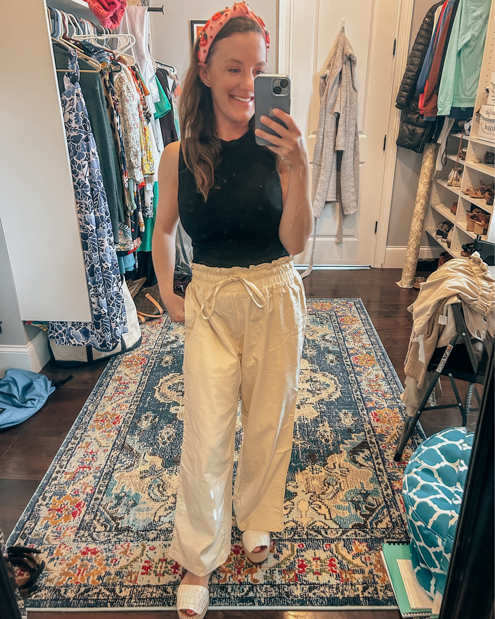 Summer fashion 
Black tank with high neck 
Linen pants 
Strawberry cute headband with jewels 

#LTKfindsunder50 #LTKSeasonal #LTKstyletip