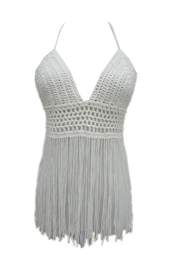Fringe Bikini Halter Crop Top Handmade Crochet Swimsuit Summer Beachwear | Amazon (US)