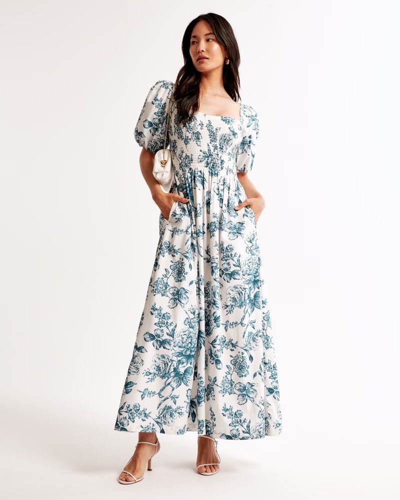 Puff Sleeve Smocked Maxi Dress | White Floral Dress | Blue Floral Dress | Abercrombie & Fitch (US)