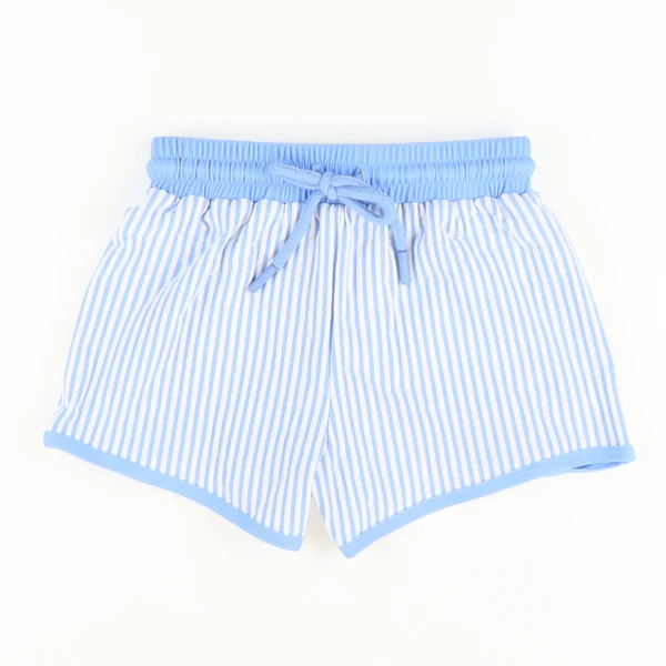 Seaside Seersucker Swim Trunks - Light Blue Stripe | Southern Smocked Co.