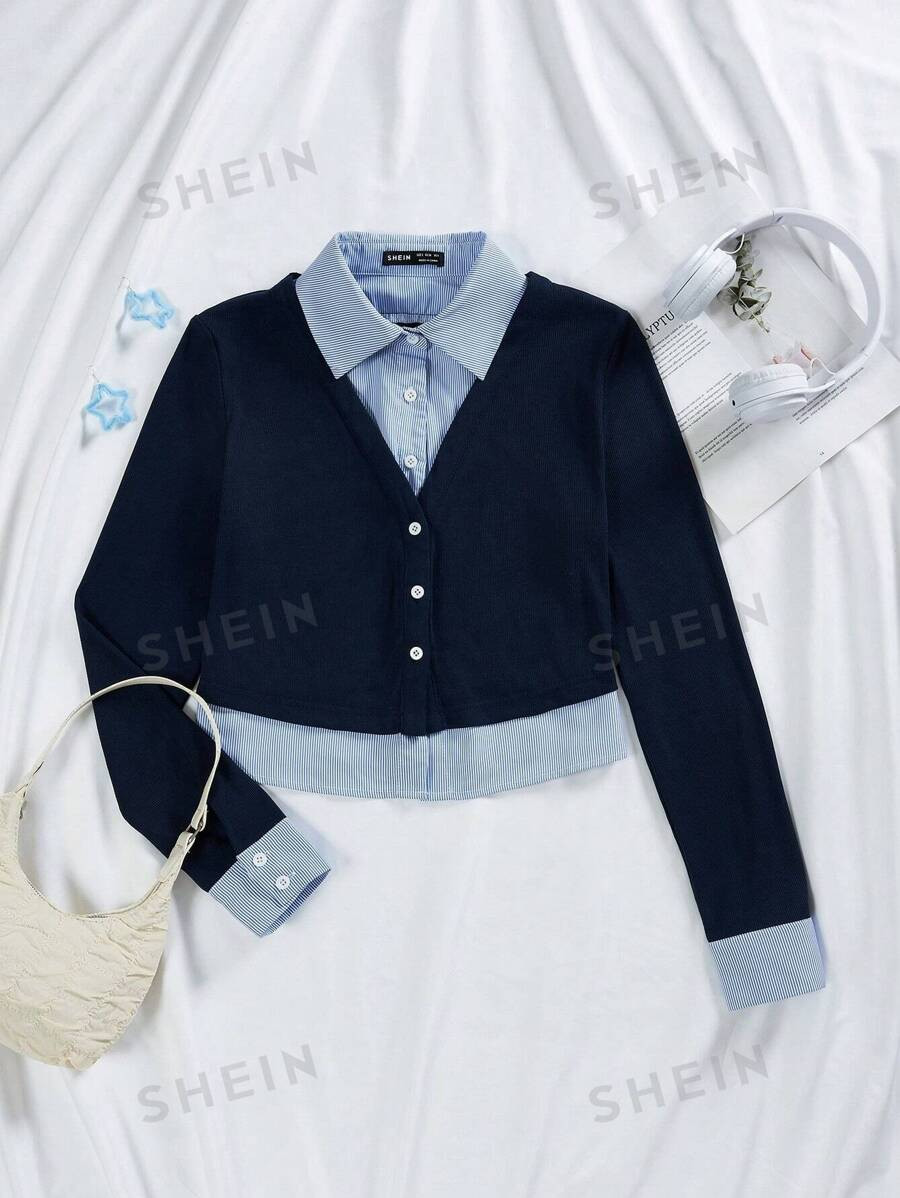 SHEIN EZwear Women's Patchwork Striped Long Sleeve Shirt | SHEIN