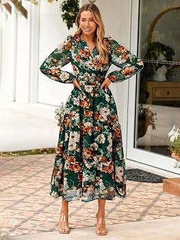 Simplee Women's Floral Boho Long Sleeve Maxi Dress V Neck Empire Waist Swing Flowy Wedding Guest ... | Amazon (US)