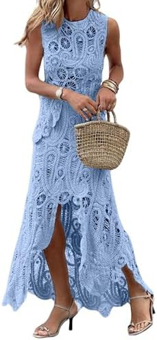 CHARTOU Women Two Pieces Skirt Sets Summer Cut Out Hi-Low Crochet Knit Long Dresses | Amazon (US)