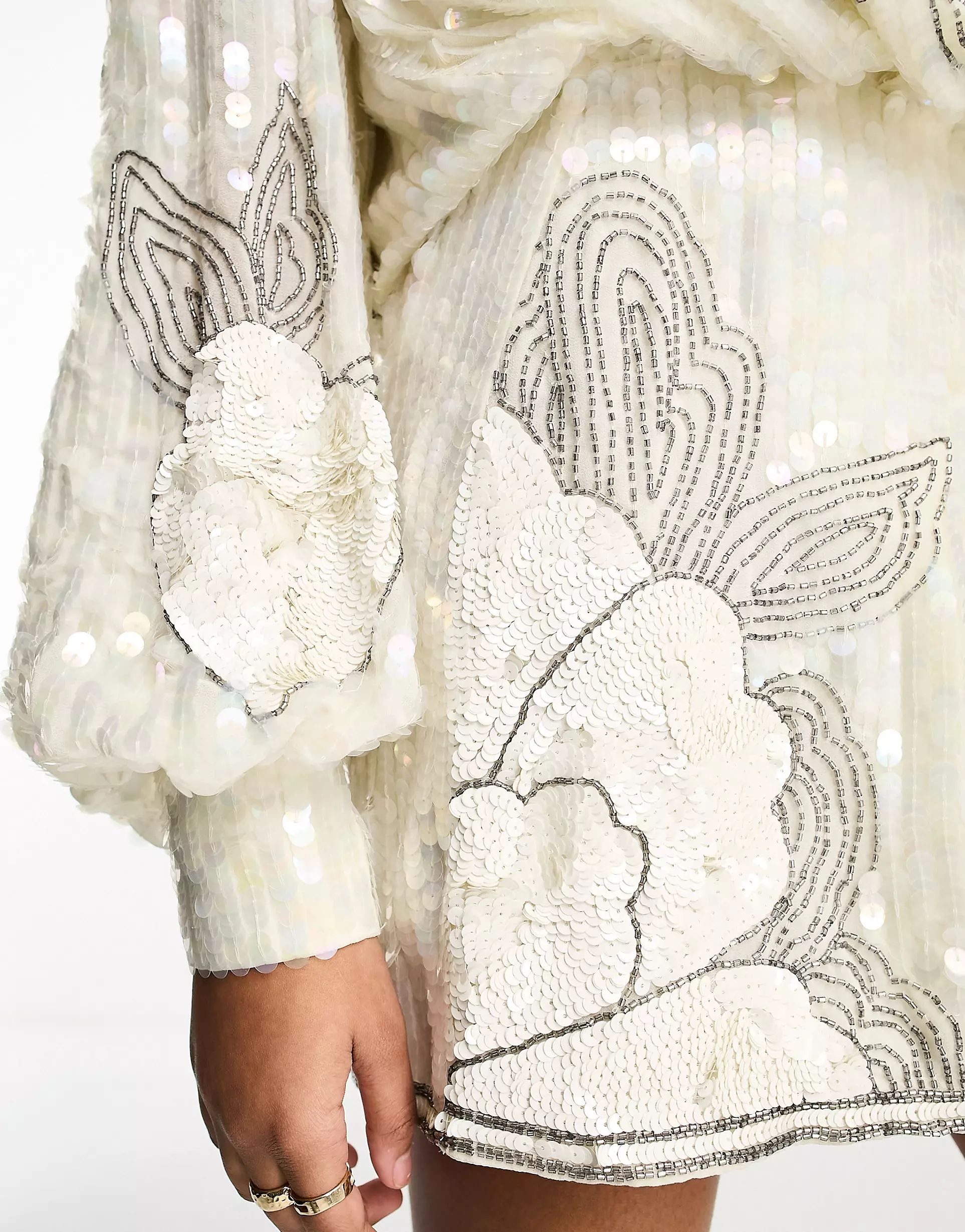 ASOS DESIGN sequin embellished mini dress with floral embellished artwork in white | ASOS (Global)