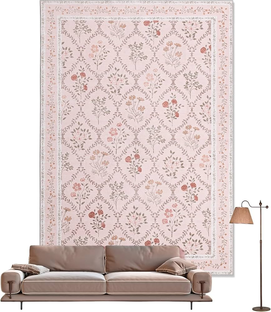 YIHOUSE 5x7 Washable Rug for Bedroom, Pink Floral Rugs for Living Room Non Slip Ultra-Thin Large ... | Amazon (US)