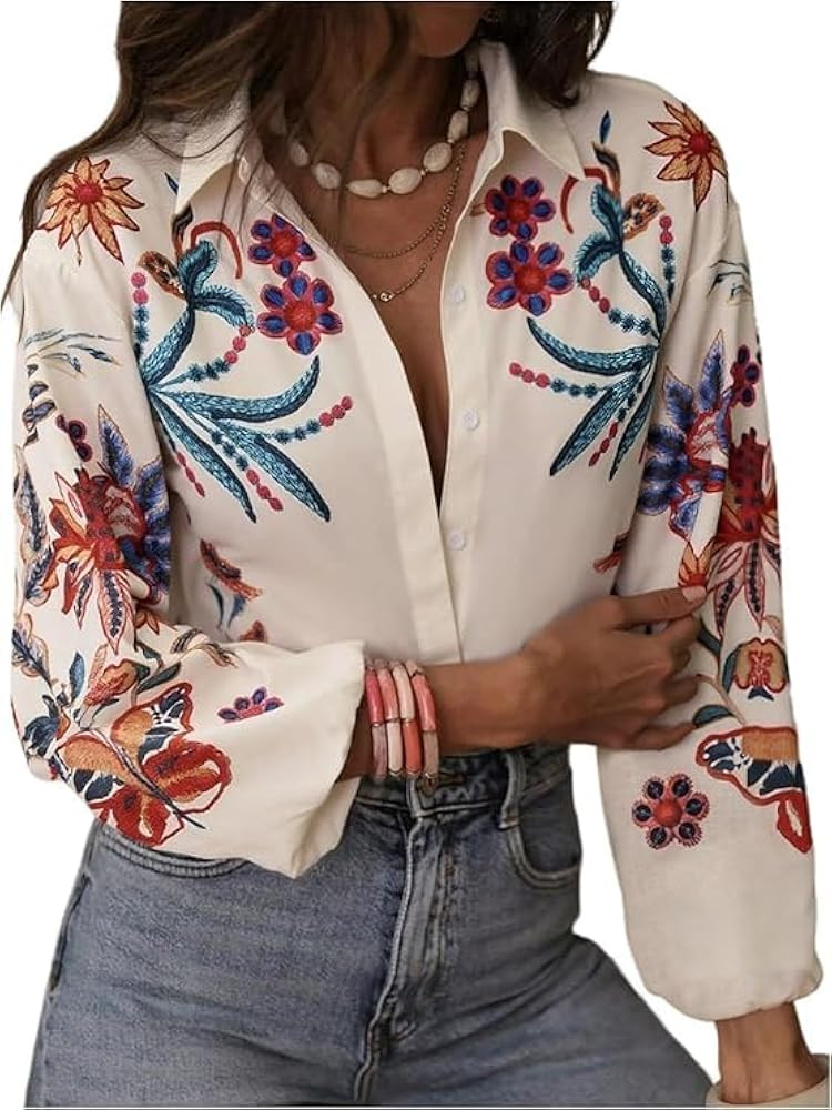 Chvity Women's Floral Printe Boho Long Sleeve Blouse Fall Fashion Button Up Cozy Shirts Office Wo... | Amazon (US)