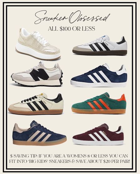 Sneaker obsessed! So many adorable sneakers I’ve been eyeing. ❤️

$$ saving tip: if you are a womens 8.5 or less, you can fit into ‘big kids’ sneakers and save almost $20 per pair!

#moneysavingtip #gazelles #sambas #sneakers 

#LTKfindsunder50 #LTKshoecrush #LTKfindsunder100