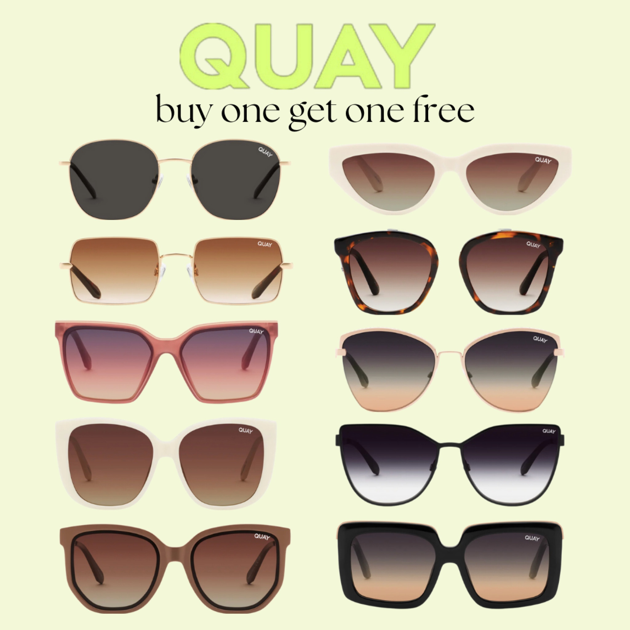 Sale Alert! QUAY Australia is having a buy one get one free sale through 4/2/23! 

Great chance to buy new sunglasses for the summer & spring break! 

#LTKFind #LTKFestival #LTKsalealert