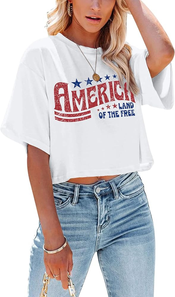 hohololo American Flag Crop Tops Women USA Crop Shirt Patriotic 4th of July Tee Memorial Day Tshi... | Amazon (US)
