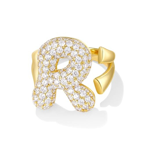 KissYan Bubble Initial Ring for Women, 14k Gold Plate Balloon Jumbo Letter Rings Open Adjustable Dainty Pave CZ Personalized Fashion Trendy Statement Jewelry Gift (Gold R) | Amazon (US)