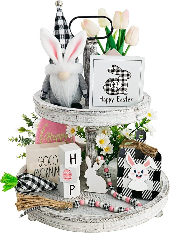 8pcs Spring [Easter] Bunny Gnome Tiered Tray Decorations, Buffalo Plaid, Plush, Black Check Carro... | Amazon (US)