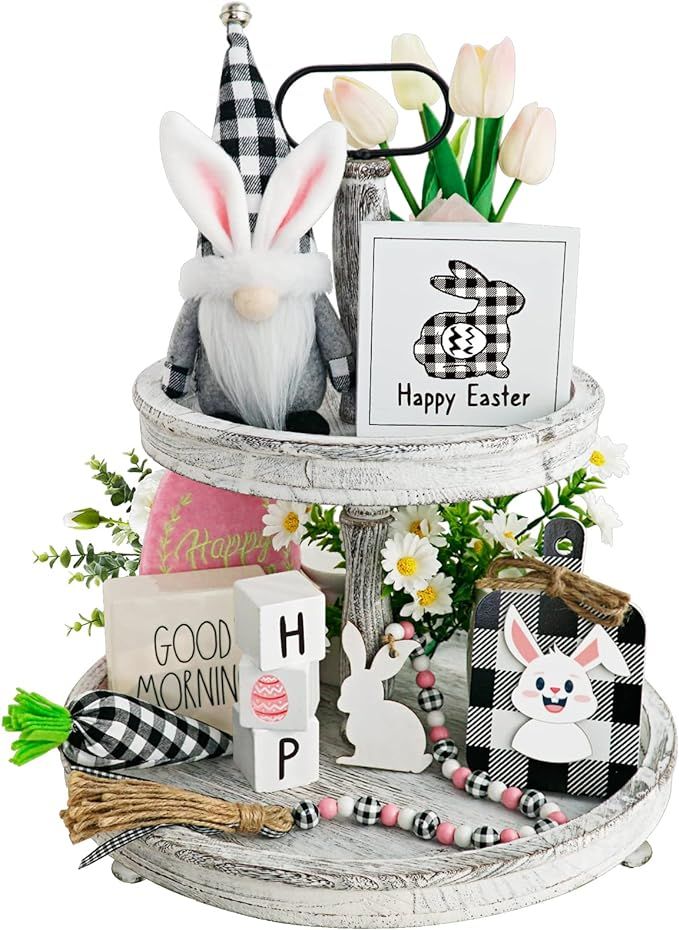 Easter Decorations, 8pcs Spring Easter Bunny Gnome Tiered Tray Decor, Buffalo Plaid Easter Gnome ... | Amazon (US)